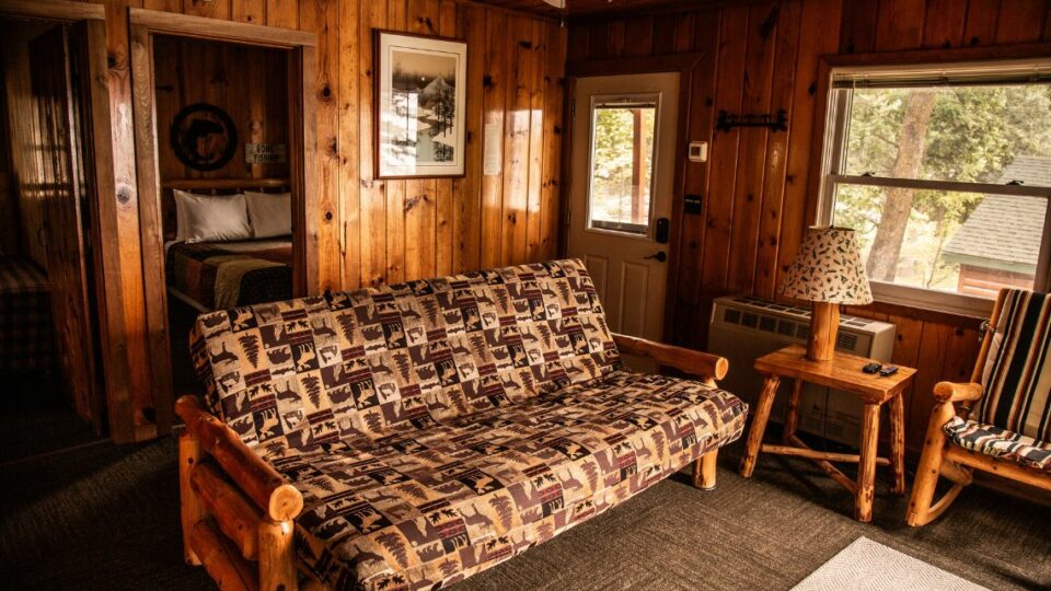 Bemidji Resort Cabin Rental 8 living room and sofa bed.