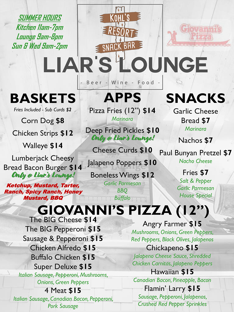 Liar's Lounge Food Menu
